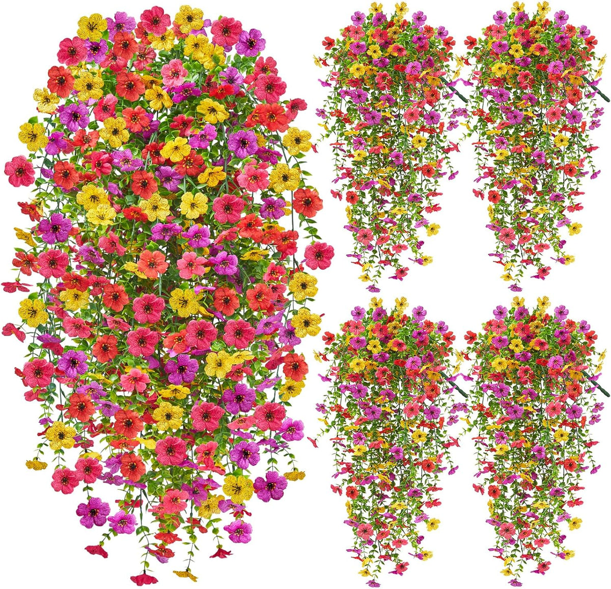Artificial Hanging Flowers for Outdoors, 4 Pcs UV Resistant Artificial Outdoor Flowers, Silk Flowers for Outside Patio Porch Front Yard Window Garden Indoor Decor (Spring Color, 4 Pcs)