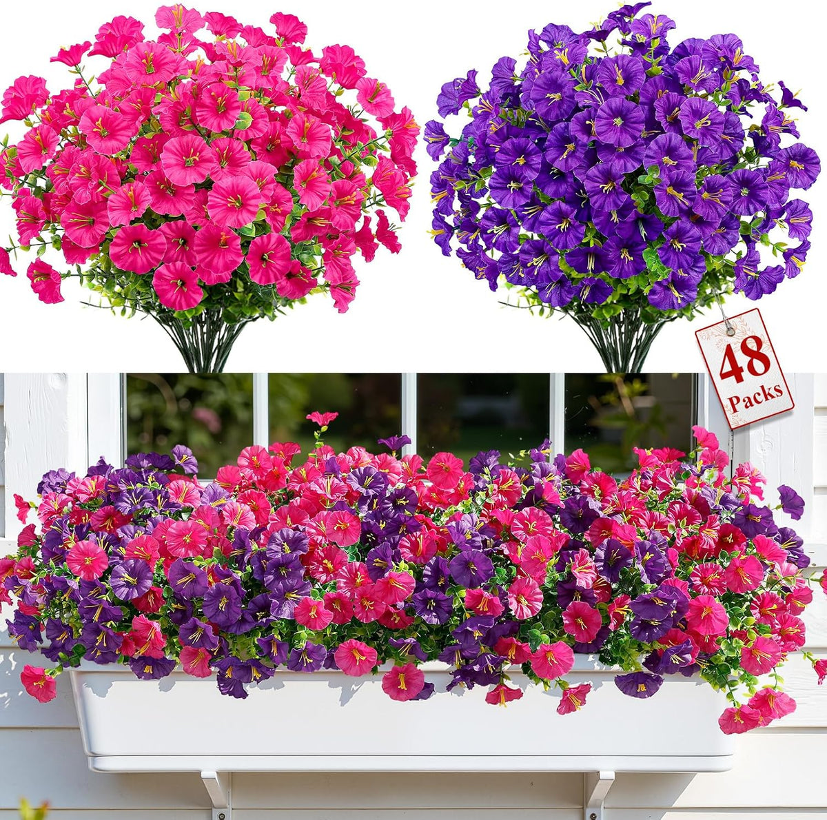 Alupssuc 24 Bundles Artificial Flowers for Outdoors, Faux Spring Flowers for Decoration, UV Resistant Silk Morning Glory with Eucalyptus Realistic Fake Flowers for Yard Planter Porch Garden, 5 Colors