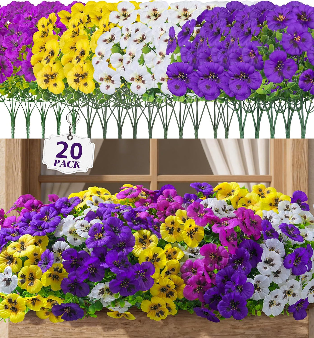 Ivydale 20PCS Fake Artificial Pansy Flowers for Outdoors Spring Decor, Faux Silk Pansies UV Resistant Plants for Front Door Porch Yard Patio Window Box Home Decor (Fuchsia Purple Yellow White)