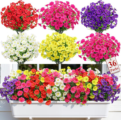 Alupssuc 24 Bundles Artificial Flowers for Outdoors, Faux Spring Flowers for Decoration, UV Resistant Silk Morning Glory with Eucalyptus Realistic Fake Flowers for Yard Planter Porch Garden, 5 Colors
