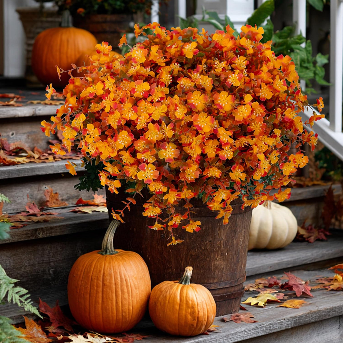 Artificial Fall Flowers Outdoor Fake Mums - 12 Bundles Fake Plants UV Resistant No Fade Faux Plastic Greenery Garden Porch Patio Fall Home Decor(OrangeGreen)