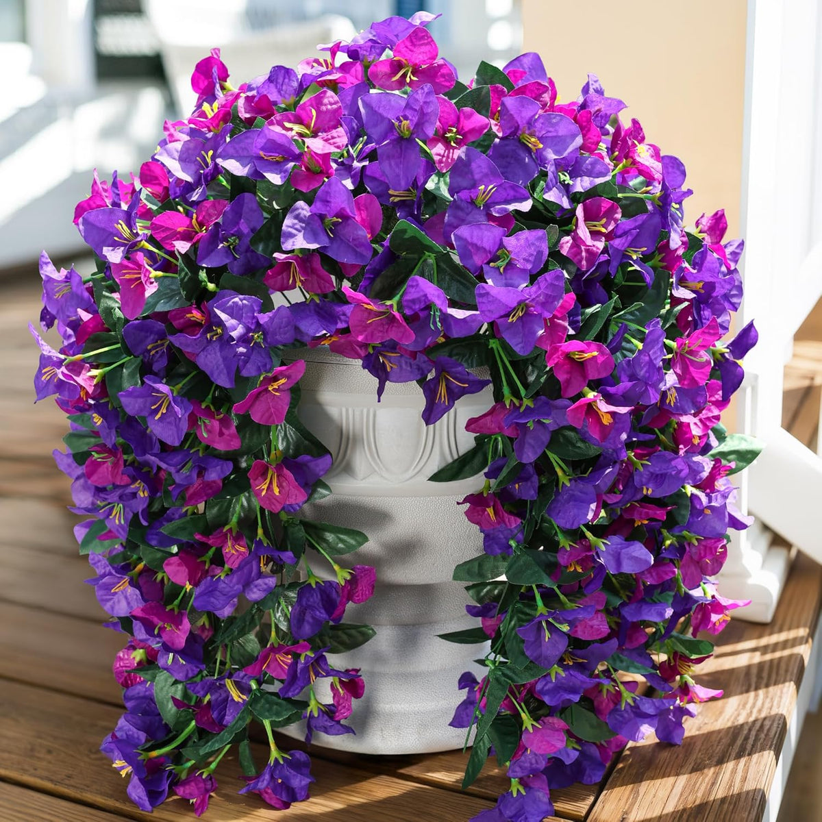 Faux Bougainvillea Artificial Flowers Plants for Outdoors Outside Decoration, 2 Pcs Purple Fake Flowers UV Resistant Look Real Silk Long Trailing Vines for Front Door Porch Planter Urn Patio Garden