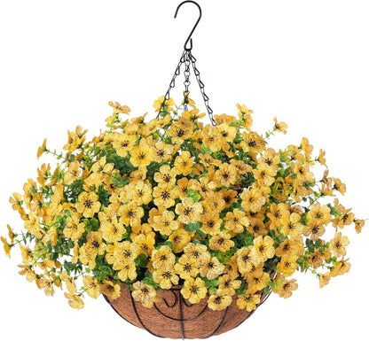 HyeFlora Artificial Fake Hanging Plants Flowers Basket for Outdoor Outside Porch Spring Decoration, Faux Silk Purple Daisy Realistic UV Resistant in Planter for Home Patio Balcony Garden Yard