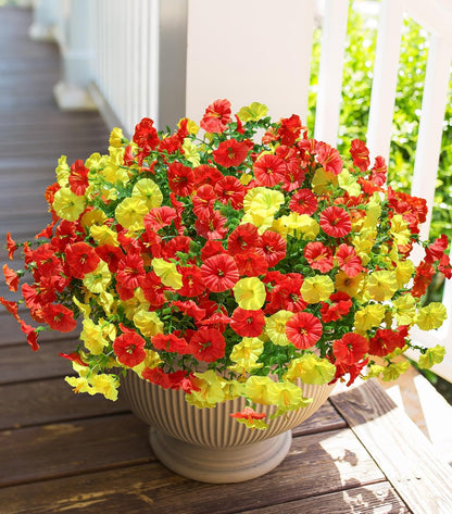 Artificial Flowers for Outdoors Fake Plants Spring Summer Decor, 12 Bundles Orange Silk Morning Glory with Eucalyptus Look Real UV Resistant Faux Flowers for Outside Planters Front Door Yard Indoor