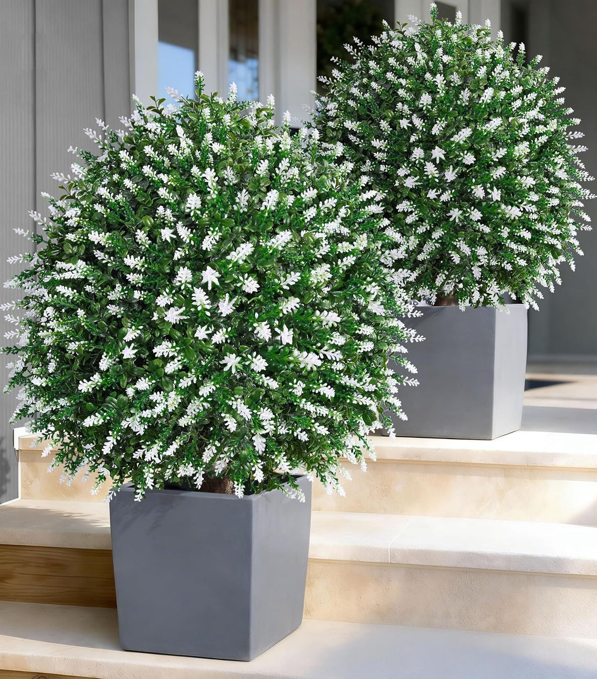 HyeFlora 26" Artificial Topiary Boxwood Ball Trees with Lavender 2 Pack Fake Plants for Outdoor Indoor Artificial Shrubs with Ground Spike UV Resistant Fake Bushes for Front Porch Garden (White)