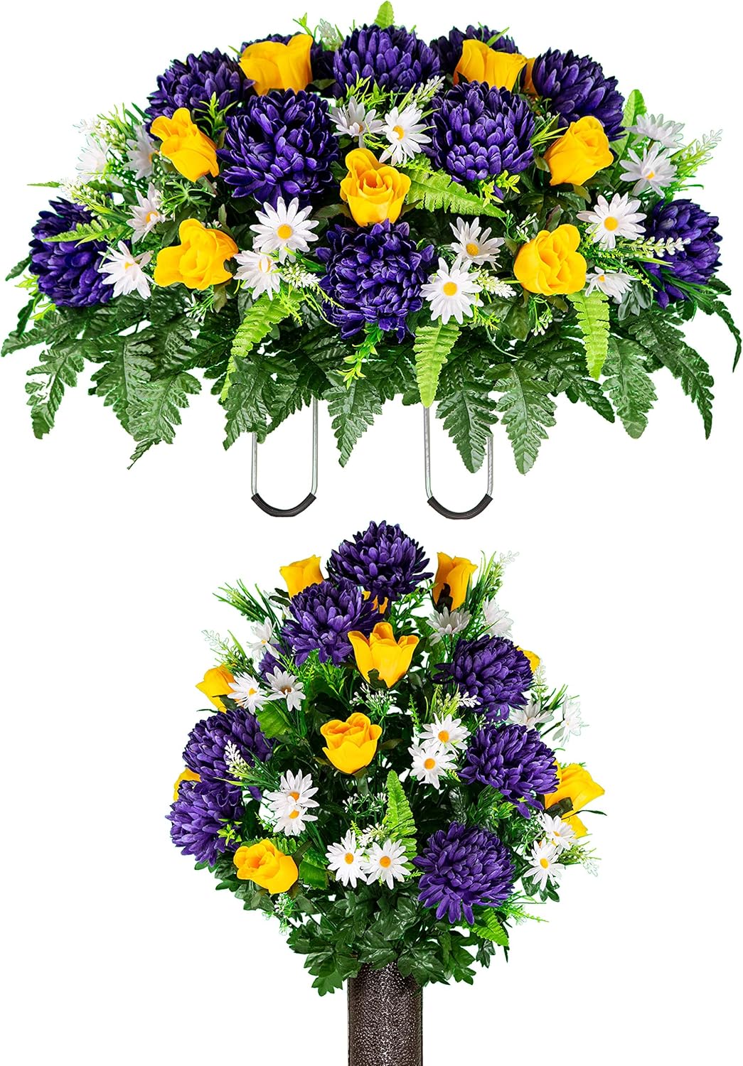 Sympathy Silks Artificial Cemetery Flowers – Realistic Vibrant Roses, Outdoor Grave Decorations - Non-Bleed Colors, and Easy Fit - 1 Purple Mum and Yellow Rose Saddle for Headstone