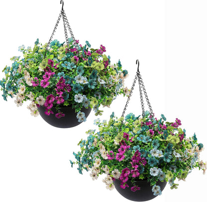 2 Sets Artificial Hanging Plants Flowers with Basket for Outdoors, 30 Bundles UV Resistant Fake Plants Spring Summer Decoration Faux Silk Eucalyptus Garden Patio Yard Front Porch Balcony Arrangement