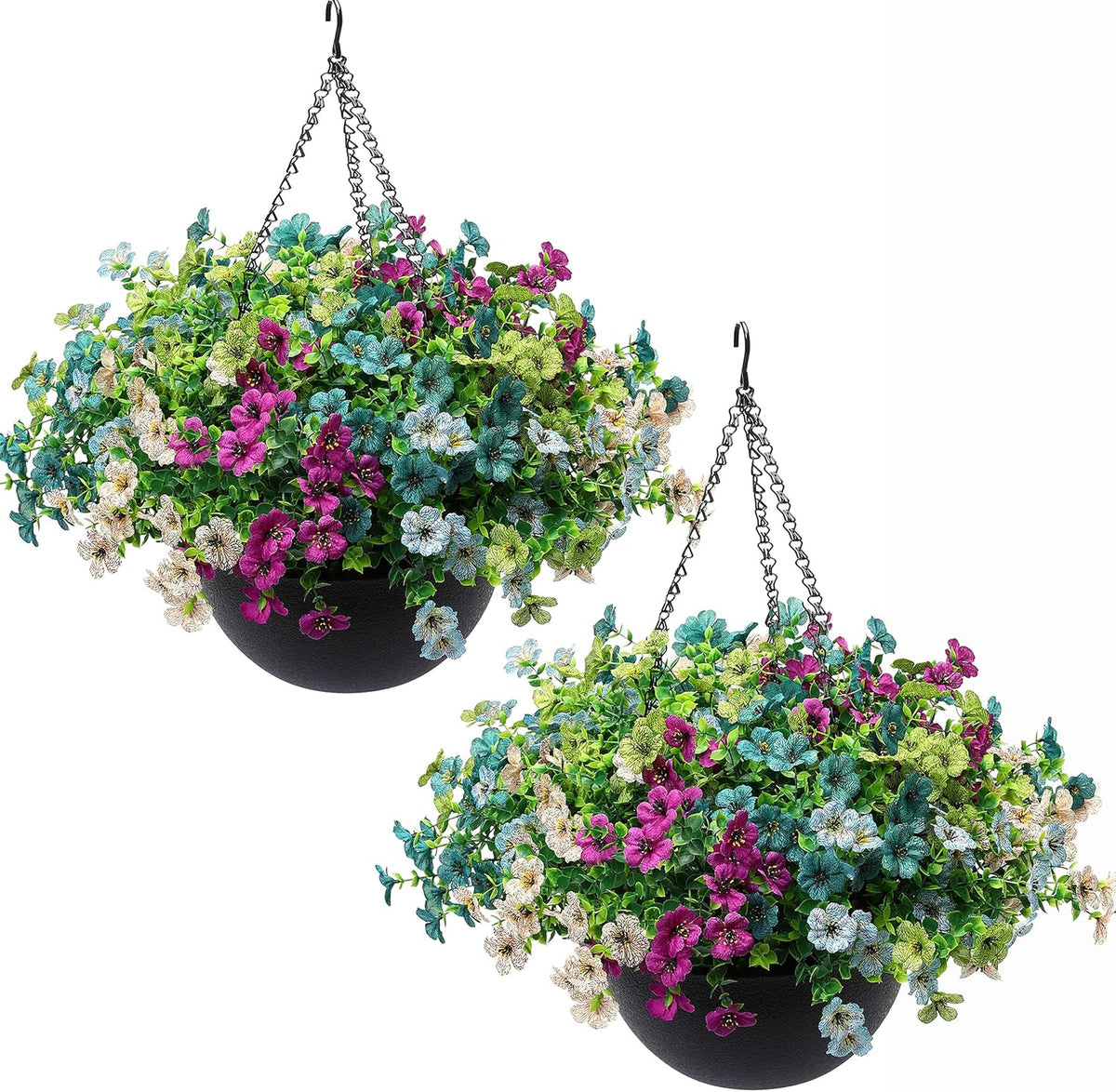 2 Sets Artificial Hanging Plants Flowers with Basket for Outdoors, 30 Bundles UV Resistant Fake Plants Spring Summer Decoration Faux Silk Eucalyptus Garden Patio Yard Front Porch Balcony Arrangement
