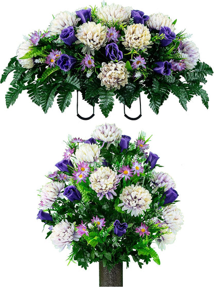 Sympathy Silks Artificial Cemetery Flowers – Realistic Vibrant Roses, Outdoor Grave Decorations - Non-Bleed Colors, and Easy Fit - 1 Purple Mum and Yellow Rose Saddle for Headstone