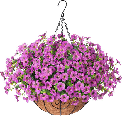 HyeFlora Artificial Fake Hanging Plants Flowers with Basket Outdoor Spring Decor, Faux Silk Pink Daisy in Pot Planter Realistic UV Resistant for Porch Home Indoor Patio Balcony Garden Yard