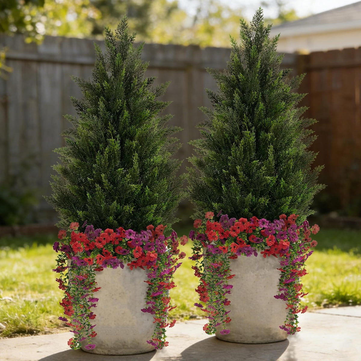 Artificial Topiary Cedar Trees 3FT Tall 2 Set with 12 Bundles Faux Silk Flowers, Outdoor Indoor Faux Pine Shrubs Plants, Fake Bushes Plants for Home Front Porch Door Patio