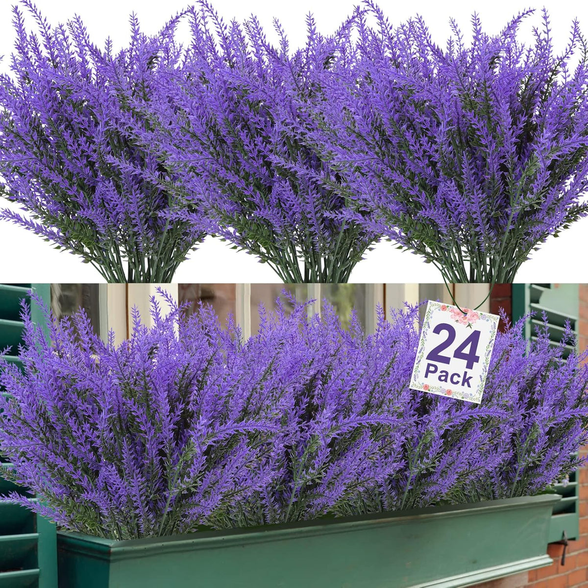 Ouddy Decor 24 Bundles Artificial Lavender Fake Flowers Faux Plastic Plants for Home Wedding Kitchen Garden Patio Window Box Office Table Centerpieces Indoor Outdoor Decor, Gray Purple
