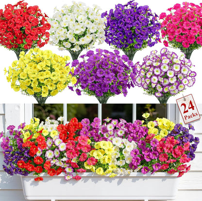 Alupssuc 24 Bundles Artificial Flowers for Outdoors, Faux Spring Flowers for Decoration, UV Resistant Silk Morning Glory with Eucalyptus Realistic Fake Flowers for Yard Planter Porch Garden, 5 Colors