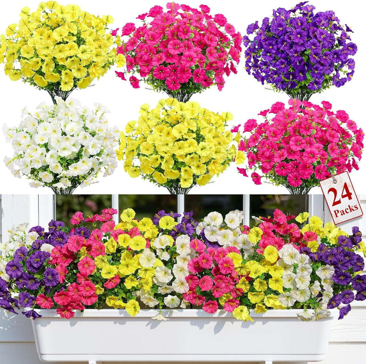Alupssuc 24 Bundles Artificial Flowers for Outdoors, Faux Spring Flowers for Decoration, UV Resistant Silk Morning Glory with Eucalyptus Realistic Fake Flowers for Yard Planter Porch Garden, 5 Colors