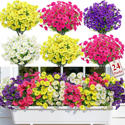 Alupssuc 24 Bundles Artificial Flowers for Outdoors, Faux Spring Flowers for Decoration, UV Resistant Silk Morning Glory with Eucalyptus Realistic Fake Flowers for Yard Planter Porch Garden, 5 Colors