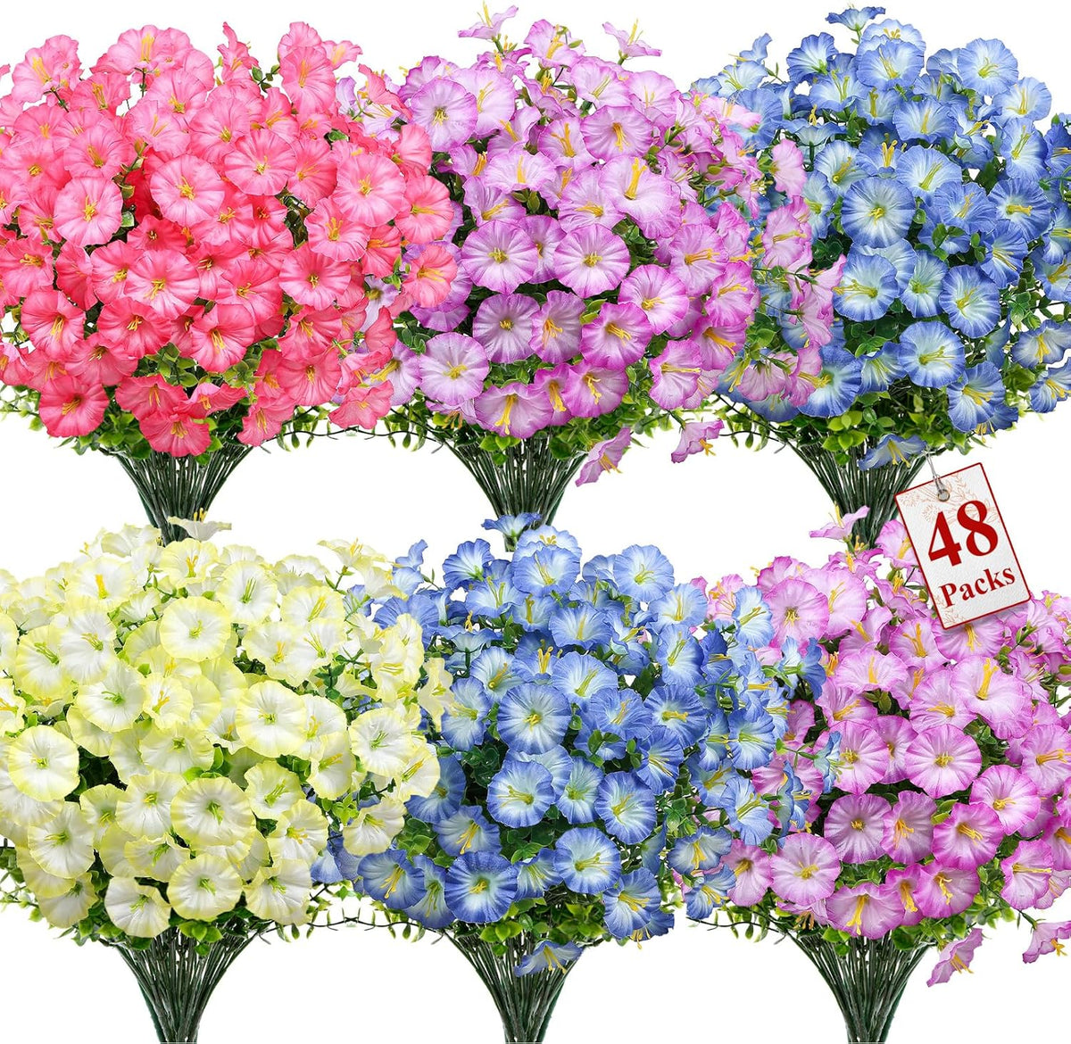 Alupssuc 24 Bundles Artificial Flowers for Outdoors, Faux Spring Flowers for Decoration, UV Resistant Silk Morning Glory with Eucalyptus Realistic Fake Flowers for Yard Planter Porch Garden, 5 Colors