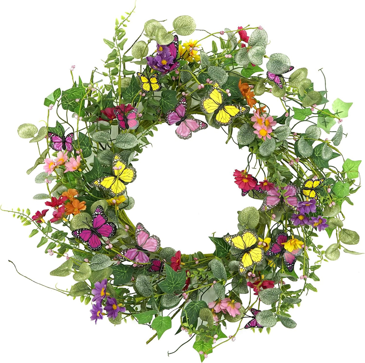 Artificial Spring Summer Wreath with Pansy Flowers, Flocked Lamb Ear Leaves, Eucalyptus Leaves, Fern Branches for Front Door Indoor Outdoor Farmhouse Wall Holiday Decor, White Gift Box Included