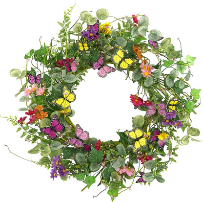 Artificial Spring Summer Wreath with Pansy Flowers, Flocked Lamb Ear Leaves, Eucalyptus Leaves, Fern Branches for Front Door Indoor Outdoor Farmhouse Wall Holiday Decor, White Gift Box Included