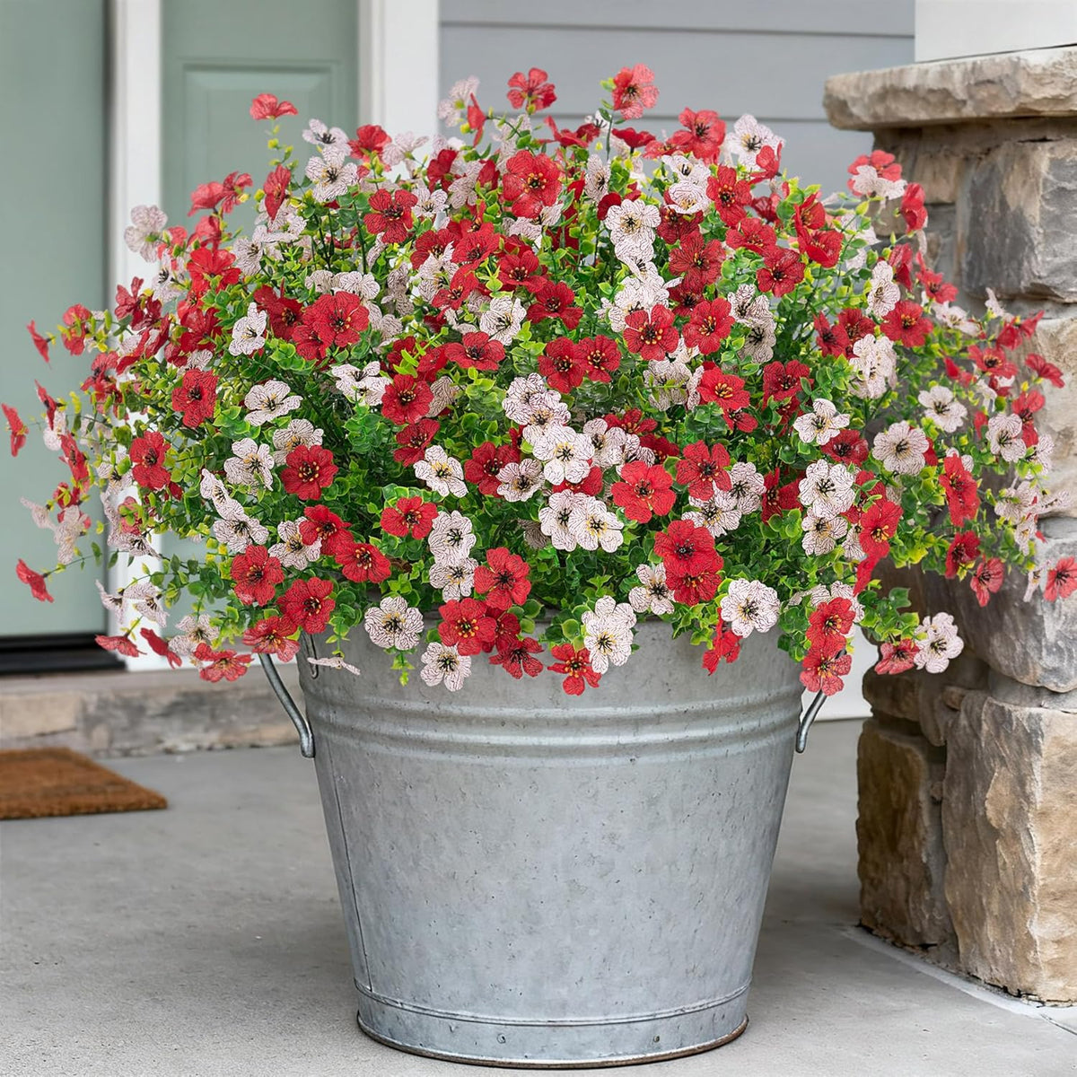 Artificial Fake Mums Flowers for Outdoor Spring Summer Decor, 12 Bundles Faux Silk Plants Daisy for Planter Pot Colorful UV Resistant Look Real for Front Door Porch Patio Outside Yard(Red Pink)