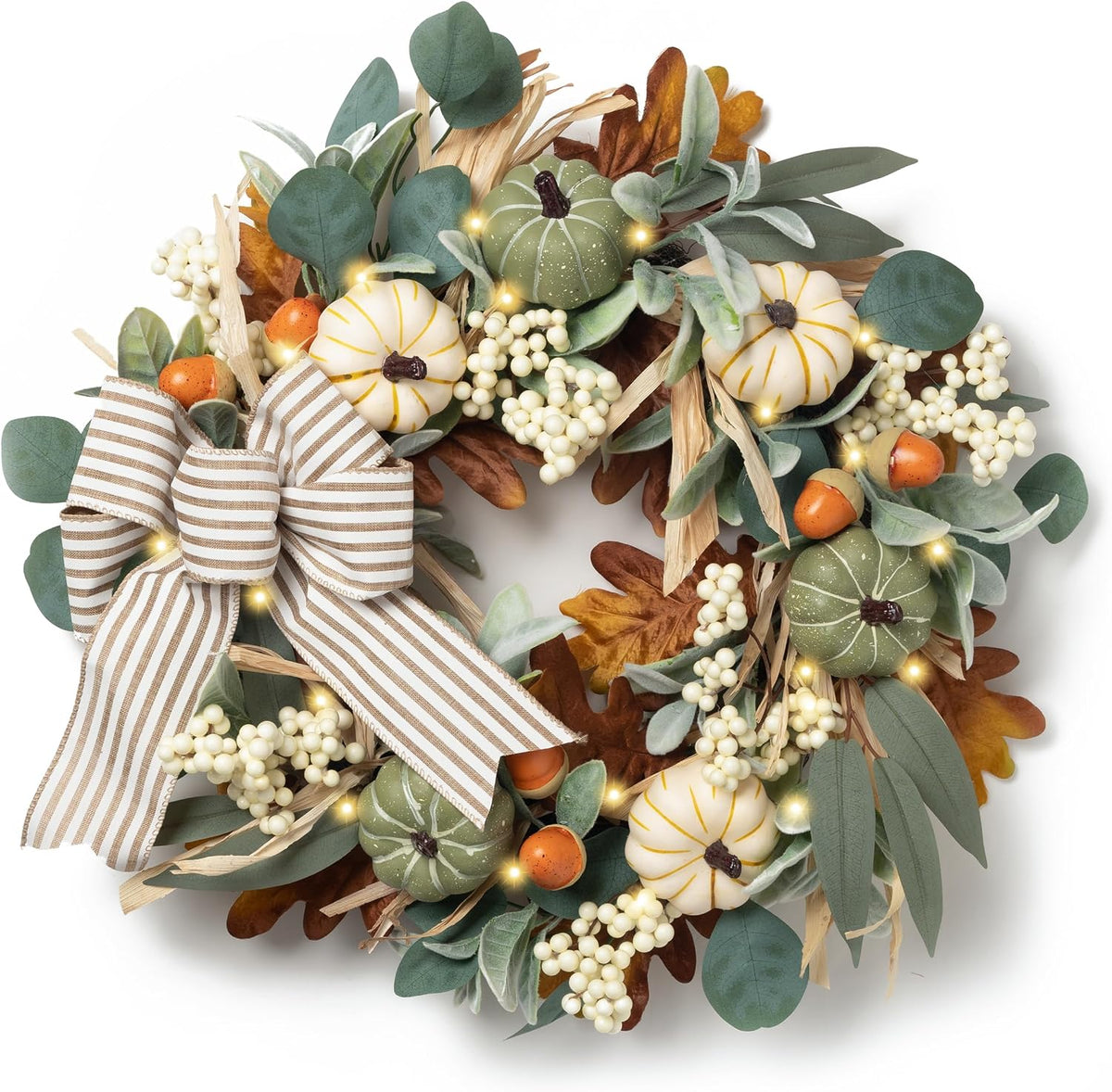 20'' Fall Wreath for Front Door with 20 LED Lights, Pumpkins and Burlap Bow