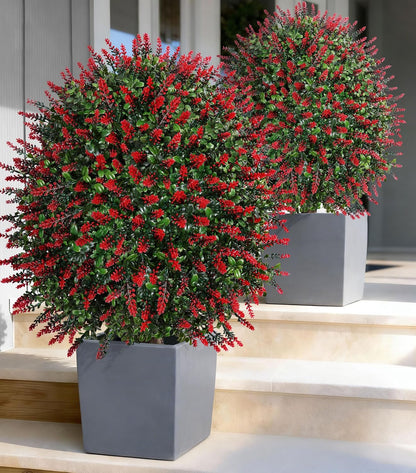 HyeFlora 26" Artificial Topiary Boxwood Ball Trees with Lavender 2 Pack Fake Plants for Outdoor Indoor Artificial Shrubs with Ground Spike UV Resistant Fake Bushes for Front Porch Garden (White)