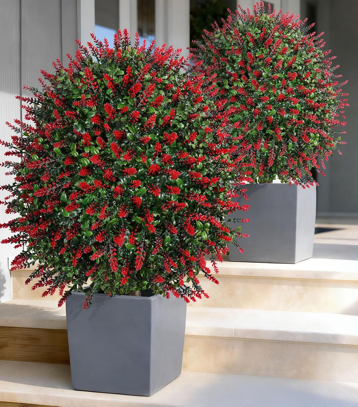 HyeFlora 26" Artificial Topiary Boxwood Ball Trees with Lavender 2 Pack Fake Plants for Outdoor Indoor Artificial Shrubs with Ground Spike UV Resistant Fake Bushes for Front Porch Garden (White)