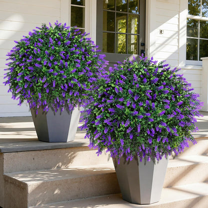 26" Artificial Boxwood Topiary Trees with Lavender Flowers 2 Pack Fake Plants for Outdoor Indoor Artificial Shrubs with Metal Ground Spike UV Resistant Fake Bushes for Front Porch Garden, Purple