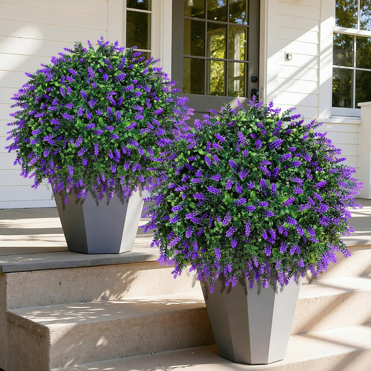 HyeFlora 26" Artificial Topiary Boxwood Ball Trees with Lavender 2 Pack Fake Plants for Outdoor Indoor Artificial Shrubs with Ground Spike UV Resistant Fake Bushes for Front Porch Garden (White)