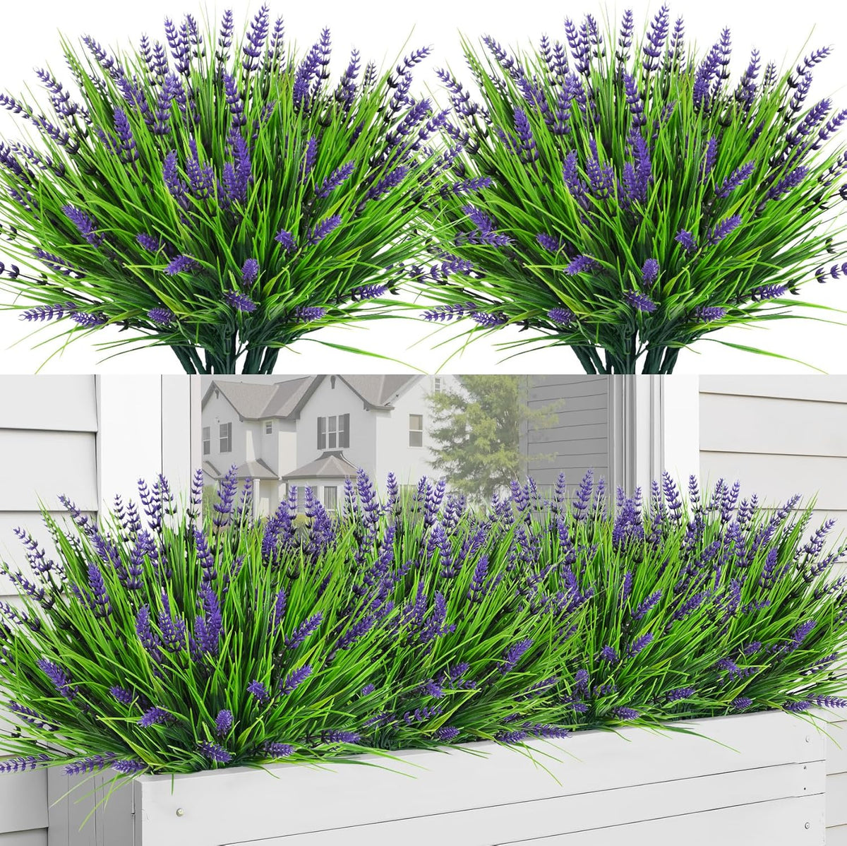 Bassion Artificial Flowers for Outdoors, 24 Bundles Fake Lavender Flowers UV Resistant Plastic Plants Faux Purple Monkey Grass for Home Porch Garden Window Box Indoor Outdoor Decorations