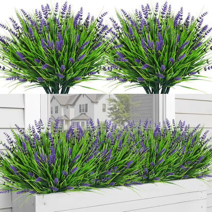 Bassion Artificial Flowers for Outdoors, 24 Bundles Fake Lavender Flowers UV Resistant Plastic Plants Faux Purple Monkey Grass for Home Porch Garden Window Box Indoor Outdoor Decorations