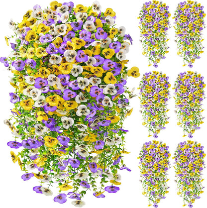 Serwalin Artificial Fake Hanging Flowers for Outdoors Planters, 6 Pcs UV Resistant Faux Pansy Spring Flowers for Outside Porch Patio Garden Window Box (Mixed Colors)