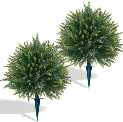 Artificial Boxwood Topiary Ball Tree Set of 2, UV Resistant Artificial Outdoor Shrubs with Spike, Decorative Evergreen Fake Topiary Bushes Plant for Front Porch Garden