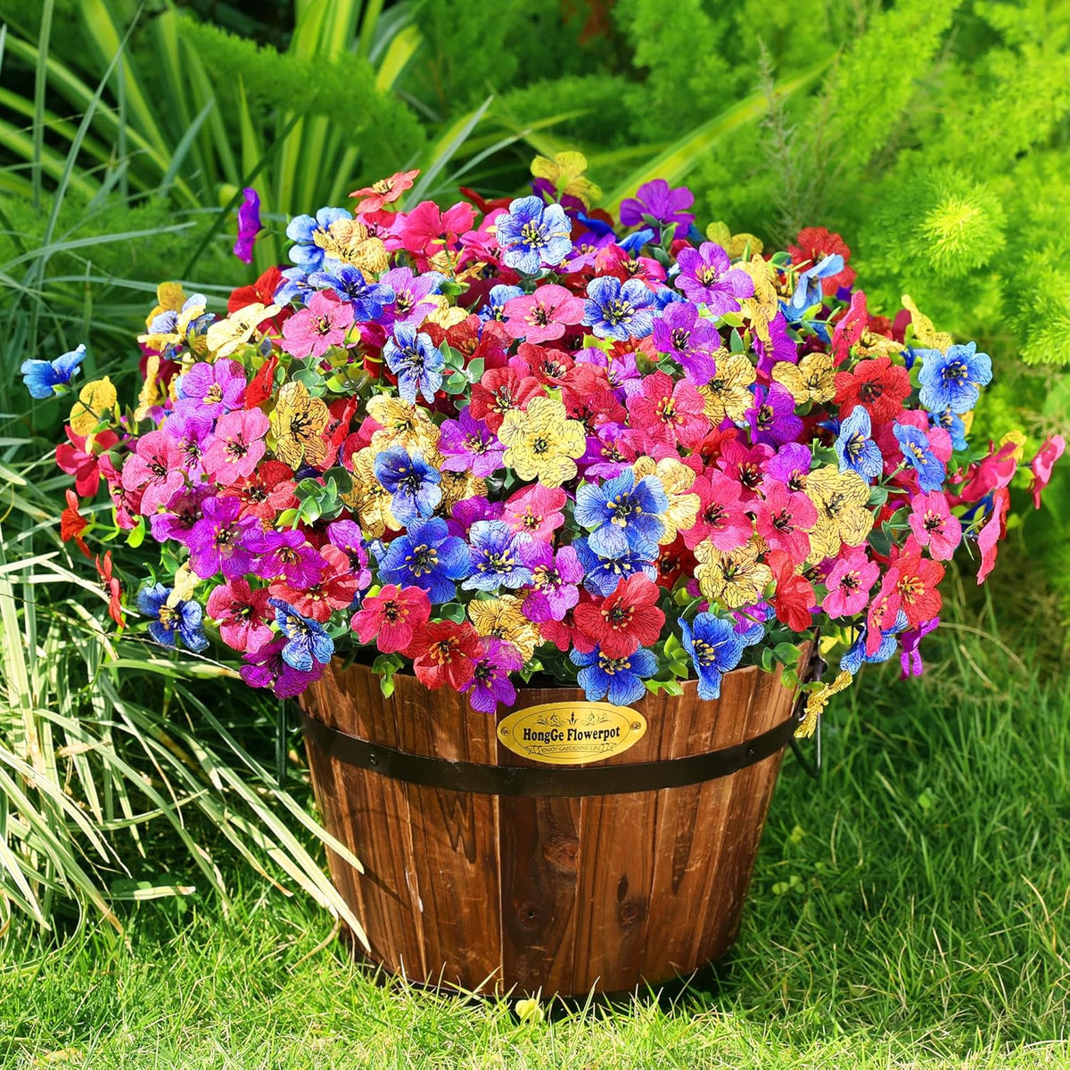 Artificial Flowers for Outdoors Spring Decor, 16 Bundles UV Resistant Realistic Fuax Silk Flowers, Fake Plants for Planter Indoor and Outdoor Garden Porch Patio Window Box Yard Farmhouse