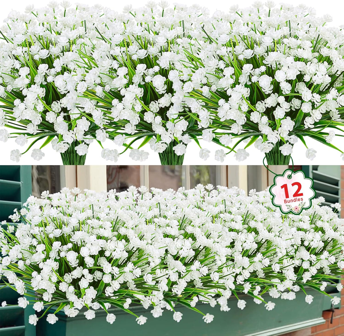 Ouddy Decor 12 Bundles Artificial Flowers for Outdoors UV Resistant Fake Plastic Plants Faux Boston Fern Greenery Stems for Spring Summer Indoor Garden Patio Window Box Kitchen Home Decor, Mixedcolor