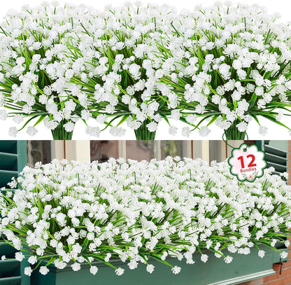 Ouddy Decor 12 Bundles Artificial Flowers for Outdoors UV Resistant Fake Plastic Plants Faux Boston Fern Greenery Stems for Spring Summer Indoor Garden Patio Window Box Kitchen Home Decor, Mixedcolor