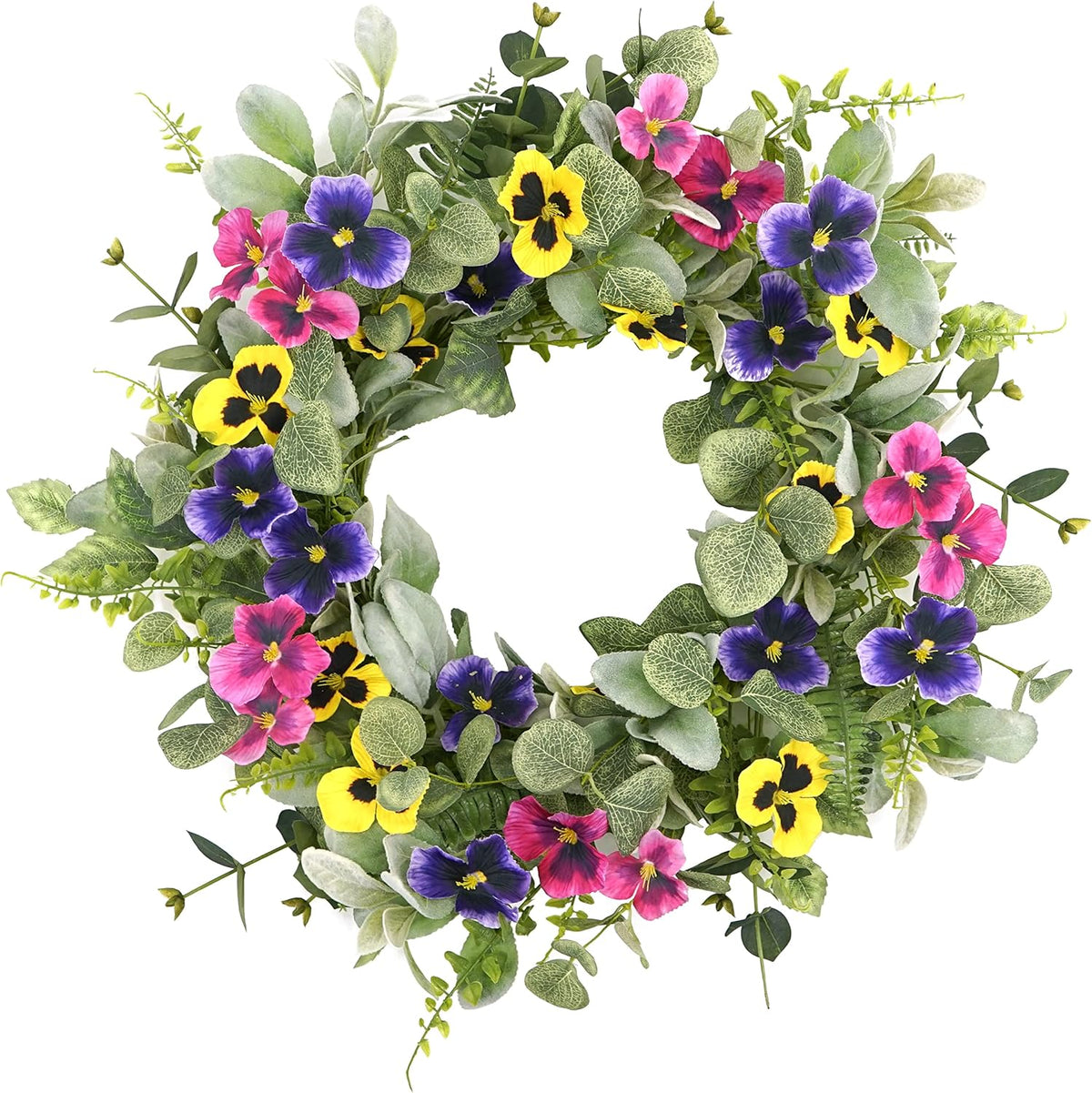 Artificial Spring Summer Wreath with Pansy Flowers, Flocked Lamb Ear Leaves, Eucalyptus Leaves, Fern Branches for Front Door Indoor Outdoor Farmhouse Wall Holiday Decor, White Gift Box Included