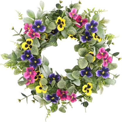 Artificial Spring Summer Wreath with Pansy Flowers, Flocked Lamb Ear Leaves, Eucalyptus Leaves, Fern Branches for Front Door Indoor Outdoor Farmhouse Wall Holiday Decor, White Gift Box Included