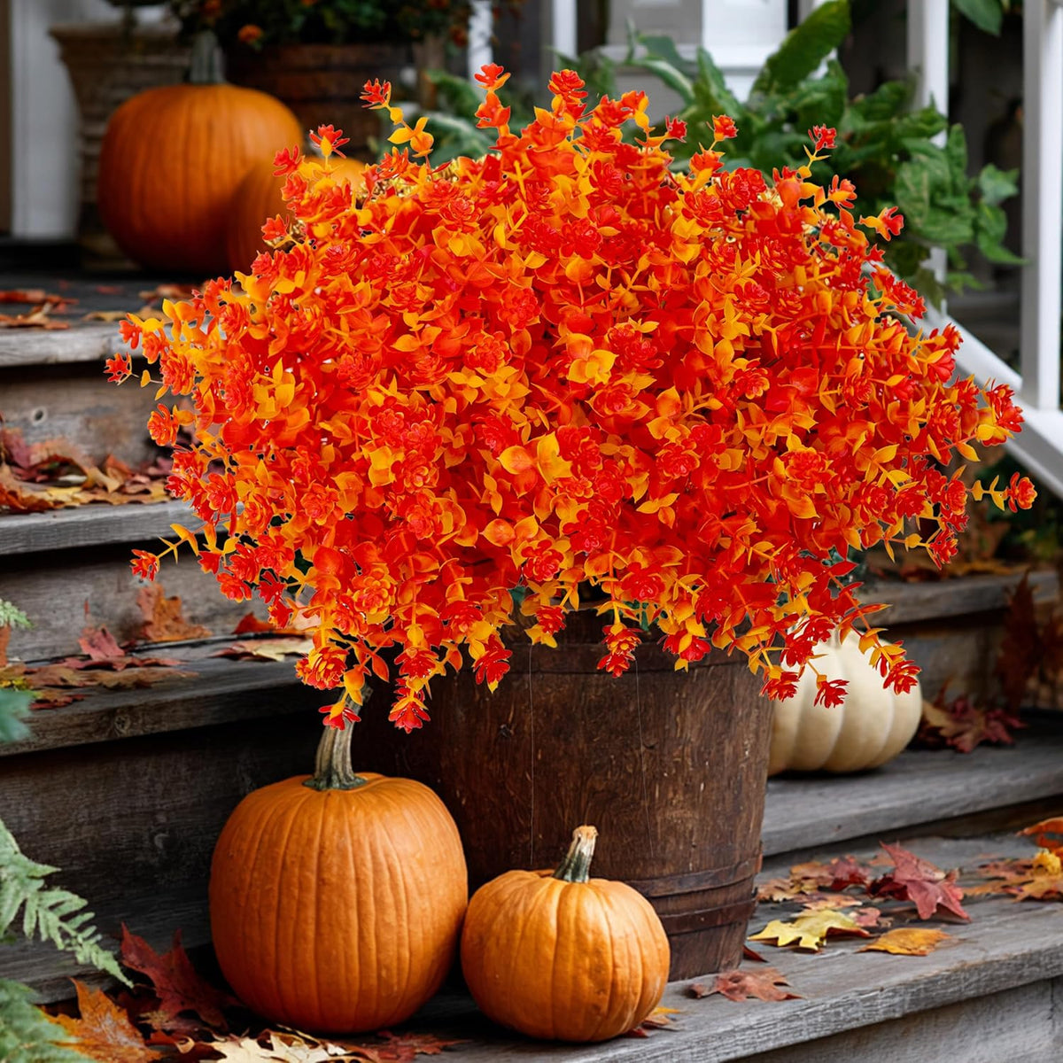 Artificial Fall Flowers Outdoor Fake Mums - 12 Bundles Fake Plants UV Resistant No Fade Faux Plastic Greenery Garden Porch Patio Fall Home Decor(OrangeGreen)
