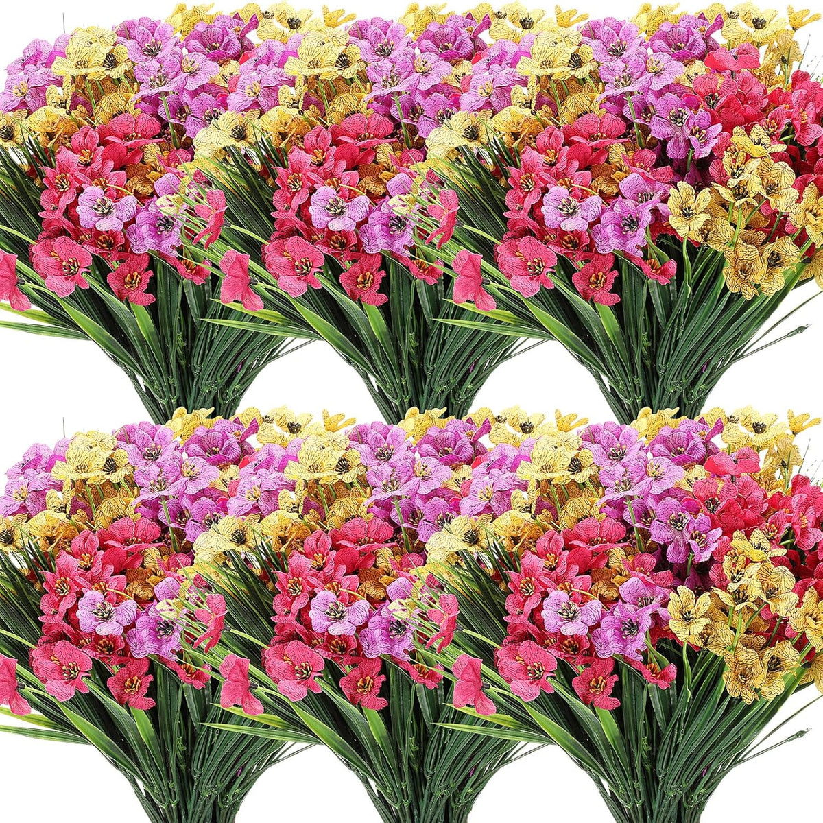 Lyrow 100 Bundles Violet Artificial Flowers, UV Resistant Faux Flowers Outdoor, Faux Silk Flowers, Fake Violet Flowers Bulk for Front Porch Hanging Garden Courtyard Farmhouse Home(Classic Colors)
