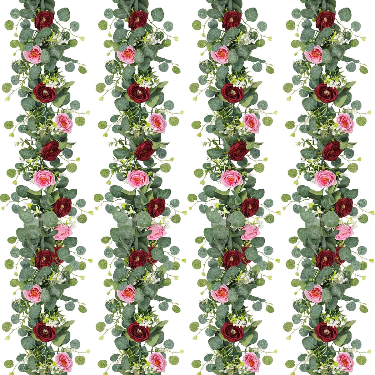 TOCHGREEN 2 Pack 13Ft Artificial Eucalyptus Flower Garland with Pink Roses, Fake Rose Flower Greenery Garland Floral Vines for Wedding Home Party Table Runner Decor (4PCS, Pink)