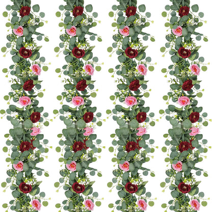 TOCHGREEN 2 Pack 13Ft Artificial Eucalyptus Flower Garland with Pink Roses, Fake Rose Flower Greenery Garland Floral Vines for Wedding Home Party Table Runner Decor (4PCS, Pink)
