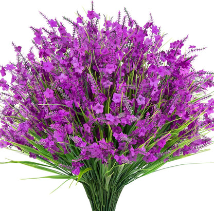 20 Bundles Artificial Lavender Flowers for Outdoors Fake Silk Flowers Faux Plants UV Resistant for Indoor and Outdoor Spring Porch Garden Window Table Box Office Home Decorations, Deep Purple