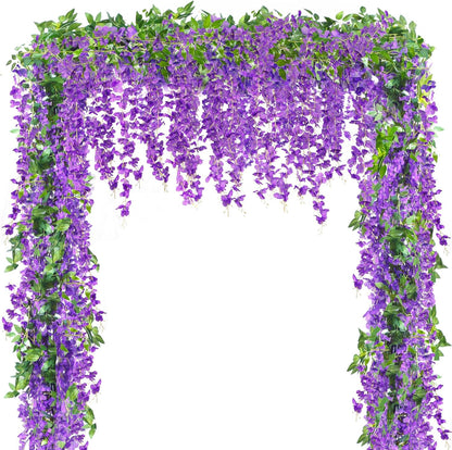Sggvecsy 6Pcs Wisteria Garland Artificial Flowers Garland Fake Hanging Wisteria Vines Rattan Silk Hanging Flower Vines for Home Garden Outdoor Wedding Arch Party Ceremony Total 35.4Ft (Purple)