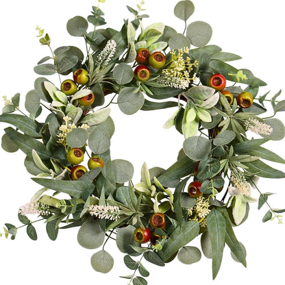 22IN Artificial Spring Summer Wreath with Wild Flowers & Silk Daisies Eucalyptus, UV Resistant, Colorful Wreath - for Spring Summer Indoor Outdoor Home Décor