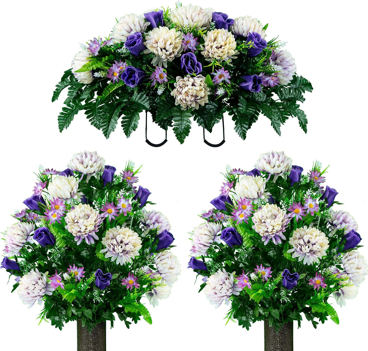 Sympathy Silks Artificial Cemetery Flowers – Realistic Vibrant Roses, Outdoor Grave Decorations - Non-Bleed Colors, and Easy Fit - 1 Purple Mum and Yellow Rose Saddle for Headstone