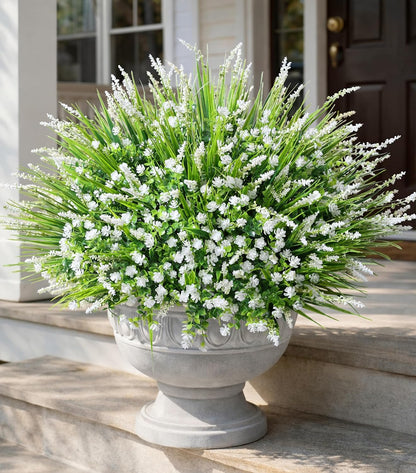 Artificial Fake Outdoor Plants Flowers for Spring Decoration, UV Resistant Realistic White Plastic Flowers Faux Plant Monkey Grass for Planter Home Garden Porch Patio Window Box