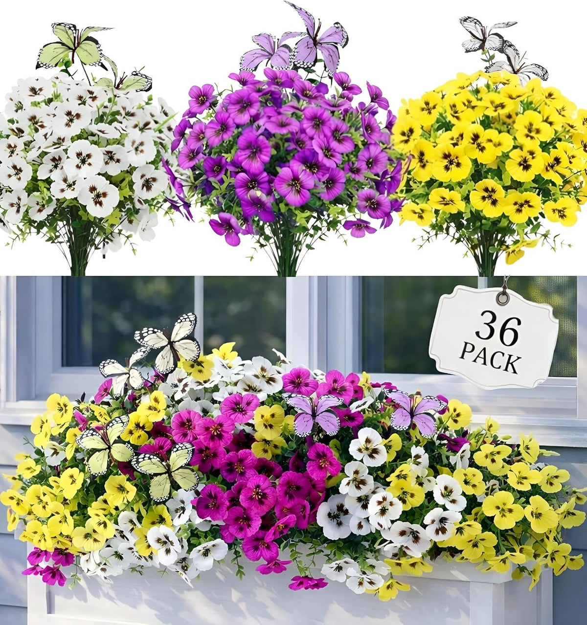 Artificial Flowers for Outdoor, 18 Bundles UV Resistant Faux Silk Pansy Flowers with Butterfly Accents, Realistic Fake Plants for Planters, Window Boxes & Grave Decor, 15 Bundles + 3 Butterflies