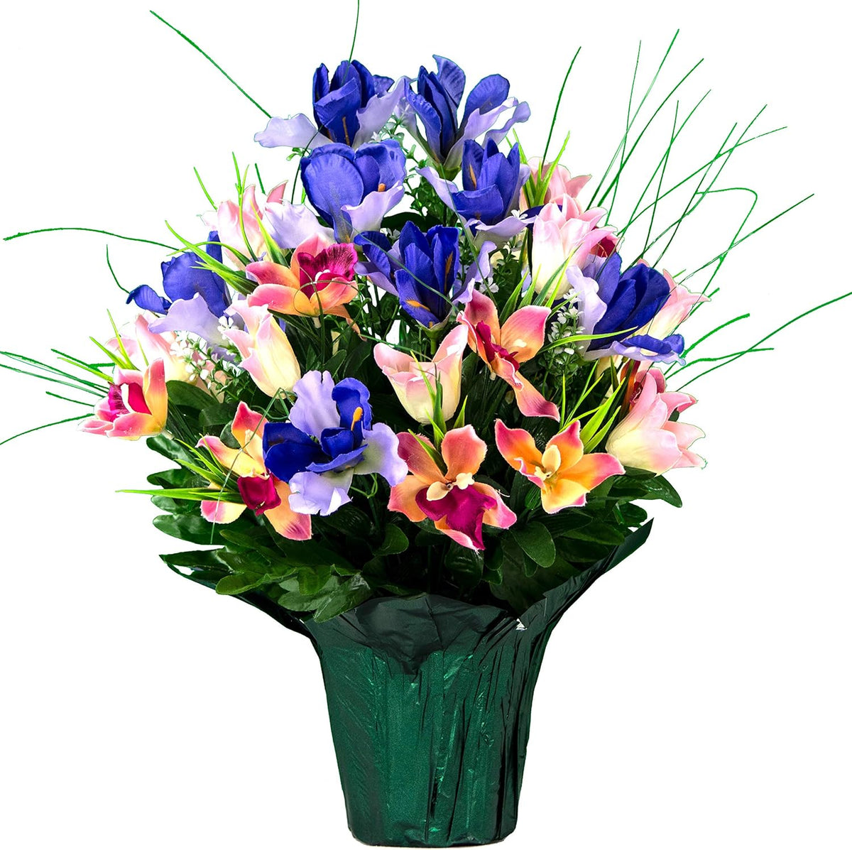 Sympathy Silks Ruby's Silk Flowers Artificial Flowers - Weighted Pot Bouquet Decoration - Height 18"-20" - Red Tulip and White Iris Potted Flowers