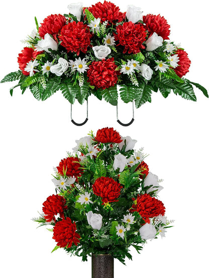 Sympathy Silks Artificial Cemetery Flowers – Realistic Vibrant Roses, Outdoor Grave Decorations - Non-Bleed Colors, and Easy Fit - 1 Purple Mum and Yellow Rose Saddle for Headstone