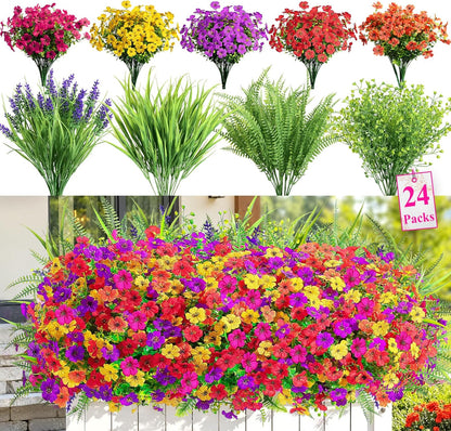 Alupssuc 24 Bundles Artificial Flowers for Outdoors Spring Decoration, UV Resistant Faux Eucalyptus Violet and Lavender Silk Fake Plants for Outside Indoor Yard Home Patio Decor, Red Rose Purple